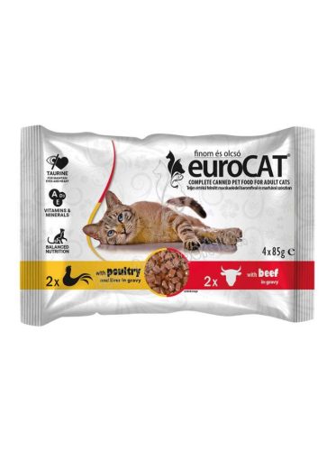 Euro Cat Pouch Duo szárnyas-marha nedves macskaeledel szószban 4x85 g-os alutasak