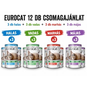 Euro Cat macskakonzerv csomag négy ízben, 12 darab 415 g-os konzerv macskáknak