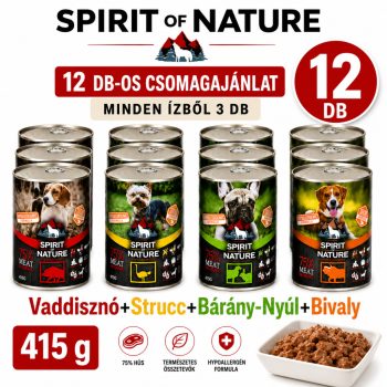   Spirit of Nature Hypoallergenic Dog csomag 12 × 415g (vaddisznó, bárány–nyúl, strucc, bivaly)