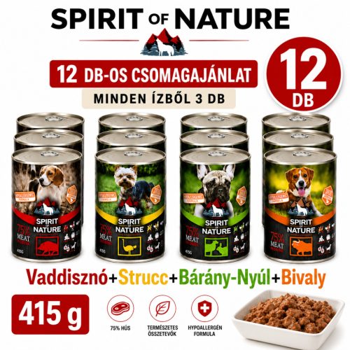 Spirit of Nature Hypoallergenic Dog csomag 12 × 415g (vaddisznó, bárány–nyúl, strucc, bivaly)