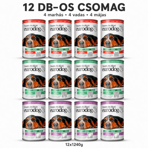 EURO DOG kutyakonzerv Csomagajánlat 12X1240g (Májas,Vadas,Marhás)